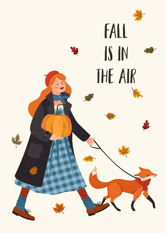 Autumn illustration. Cute girl with a fox. Vector design for card, poster, flyer, web and other use.