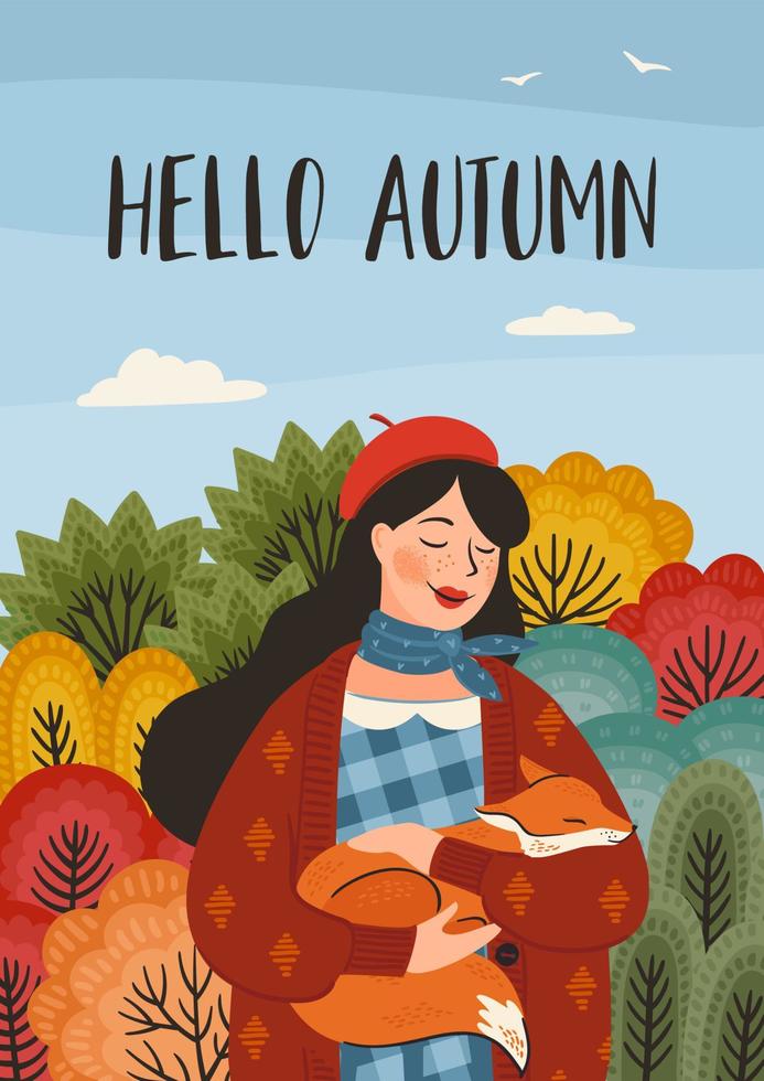 Autumn illustration. Cute girl with a fox. Vector design for card, poster, flyer, web and other use.