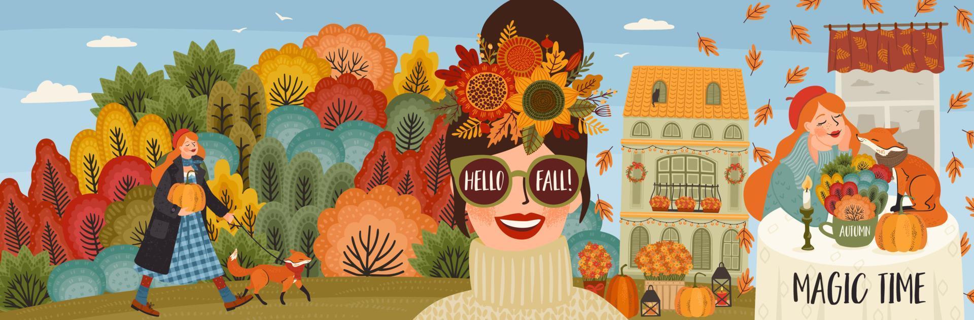 Autumn banner with peopel and nature. Hand drawn graphic arts and textures. Vector design template.