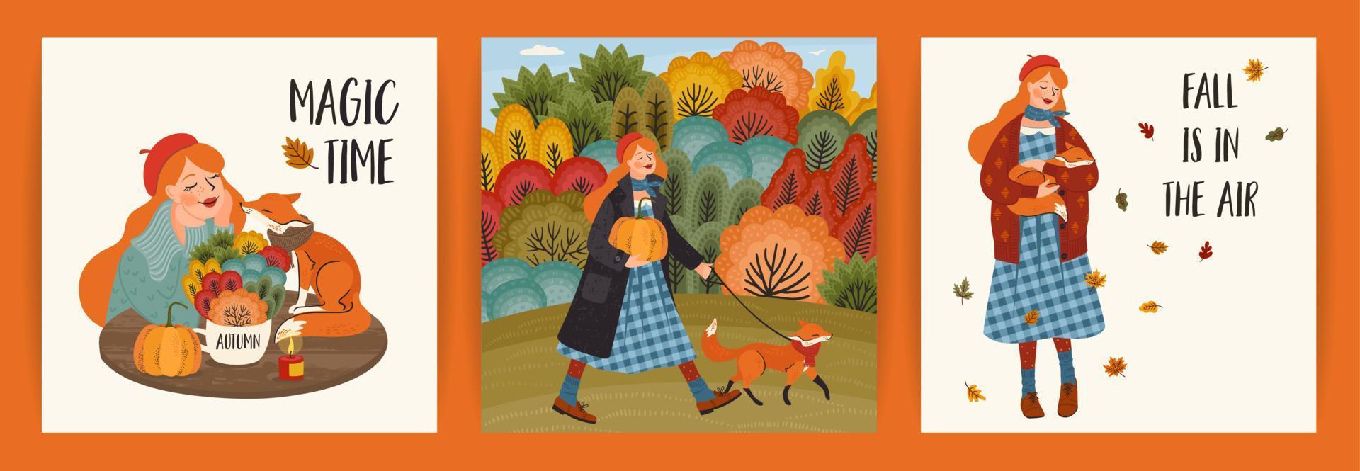 Set of autumn illustrations with cute girl. Vector design for card, poster, flyer, web and other use.