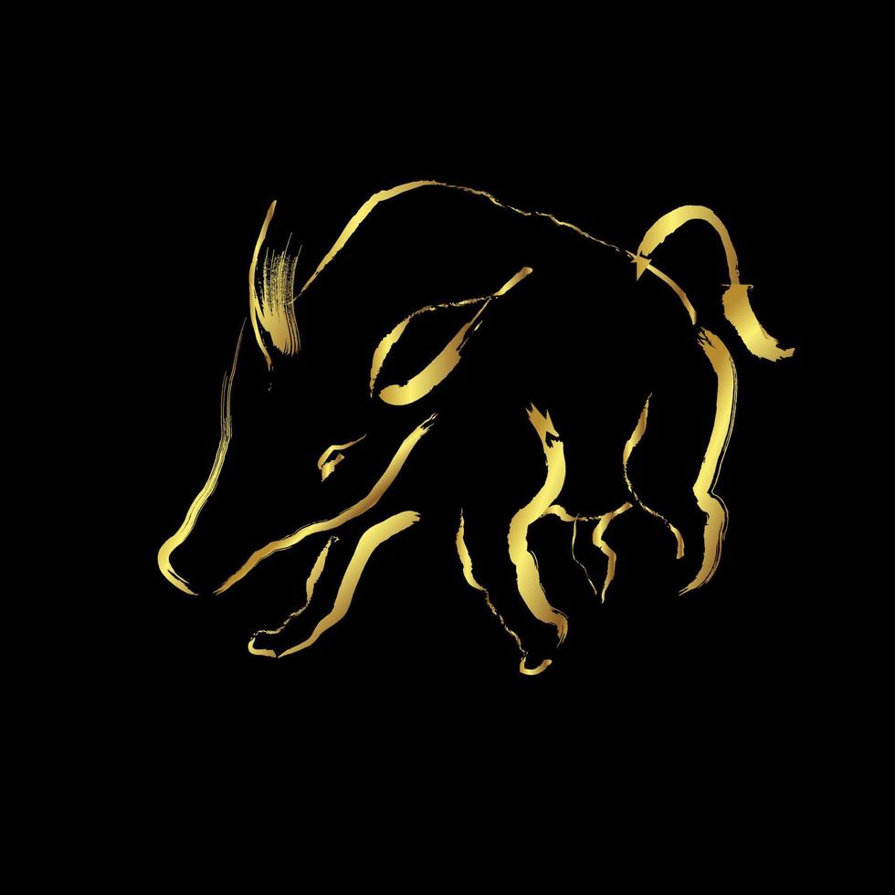 Wild boar or Sus scrofa mammal golden brush stroke painting over black background vector