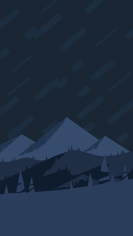 paisaje de montañas verticales por la noche, diseño plano del cartel de la historia vector eps. picos nevados de montaña y colinas en la ilustración de medianoche.