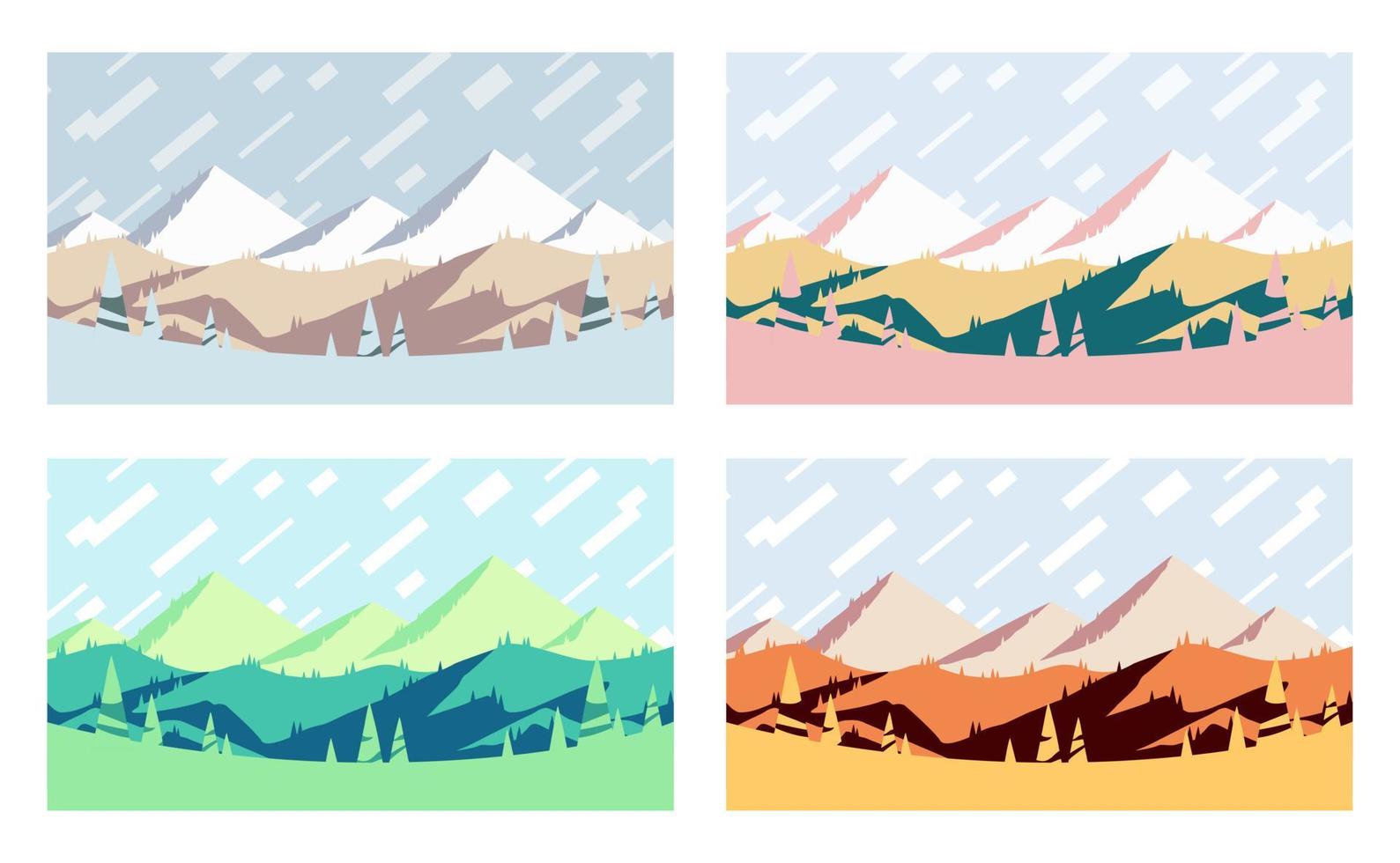 Colorful Seasons At The Mountains, Horizontal Posters Vector Illustration Set. Winter, Spring, Summer And Fall Outdoor Collection, Hills And Mountain Peaks at Different Times Of The Year.