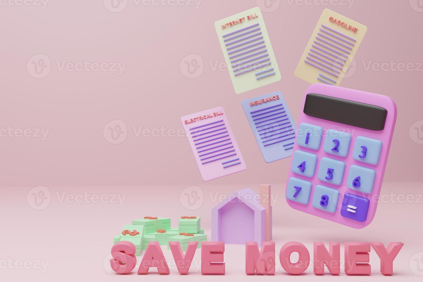 pastel pink calculator, bills of expenses, money, pastel pink background and words Save money 3d render 3d illustration, modern color minimalist design. photo