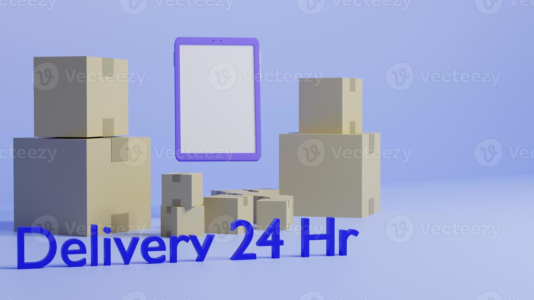 Online shopping by mobile phone and 24 hour delivery, mobile phone with delivery box on blue background, 3D render. photo