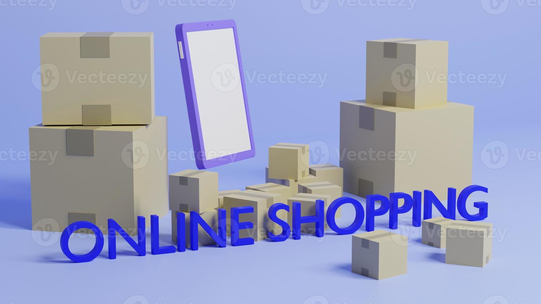 concepto de compra en línea, teléfono celular y cartones de papel o paquete colocado sobre fondo azul, 3d renderizado. foto