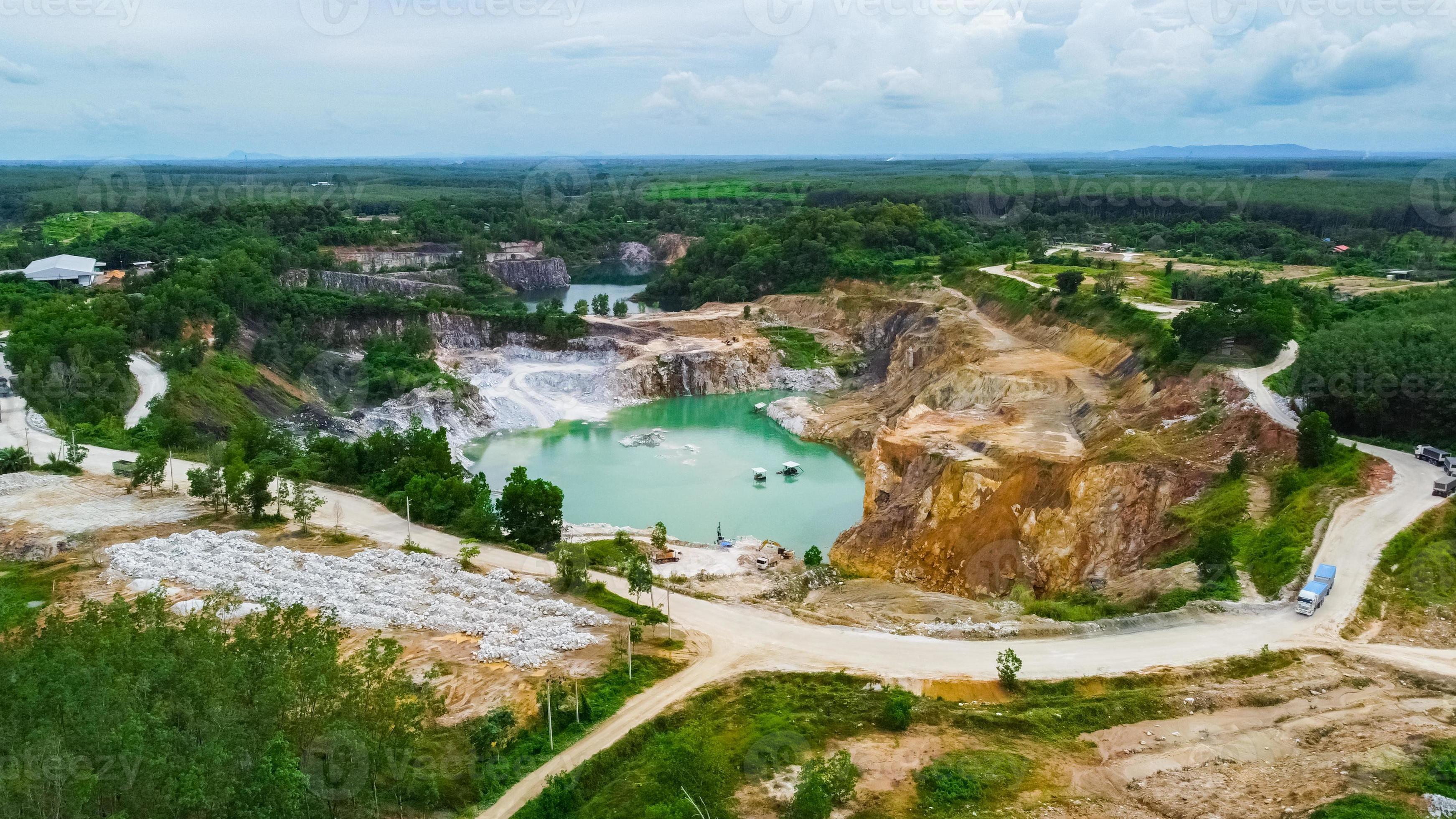 aerial photograph of a large pit of a gypsum mine. A large gypsum mine