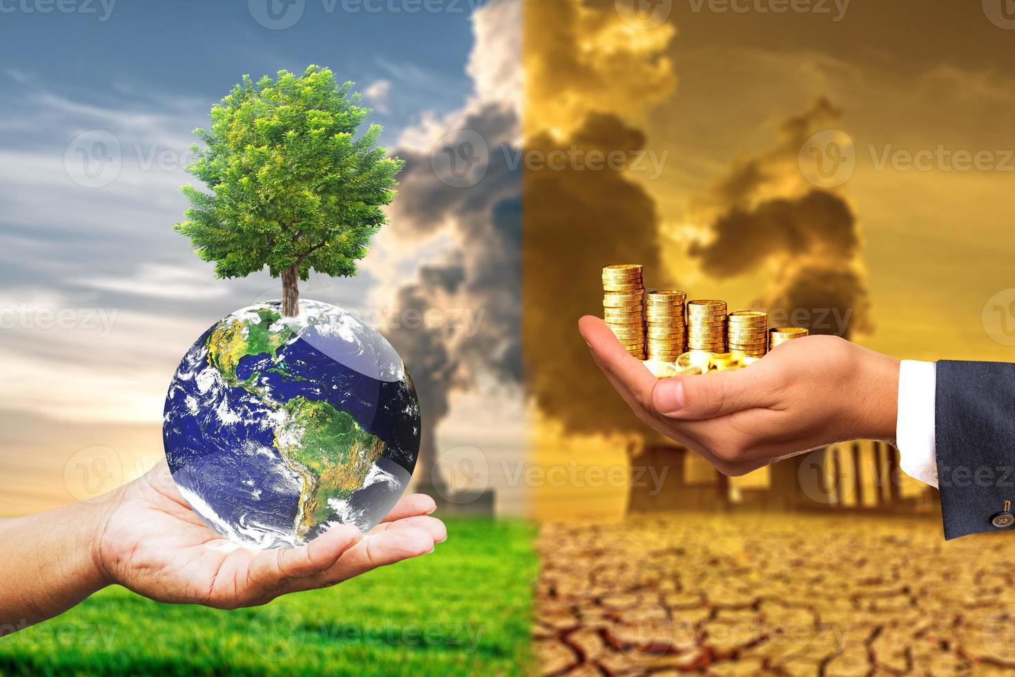 Concept of capitalism or environment. A metaphorical picture of industrial money or keeping the world beautiful. photo