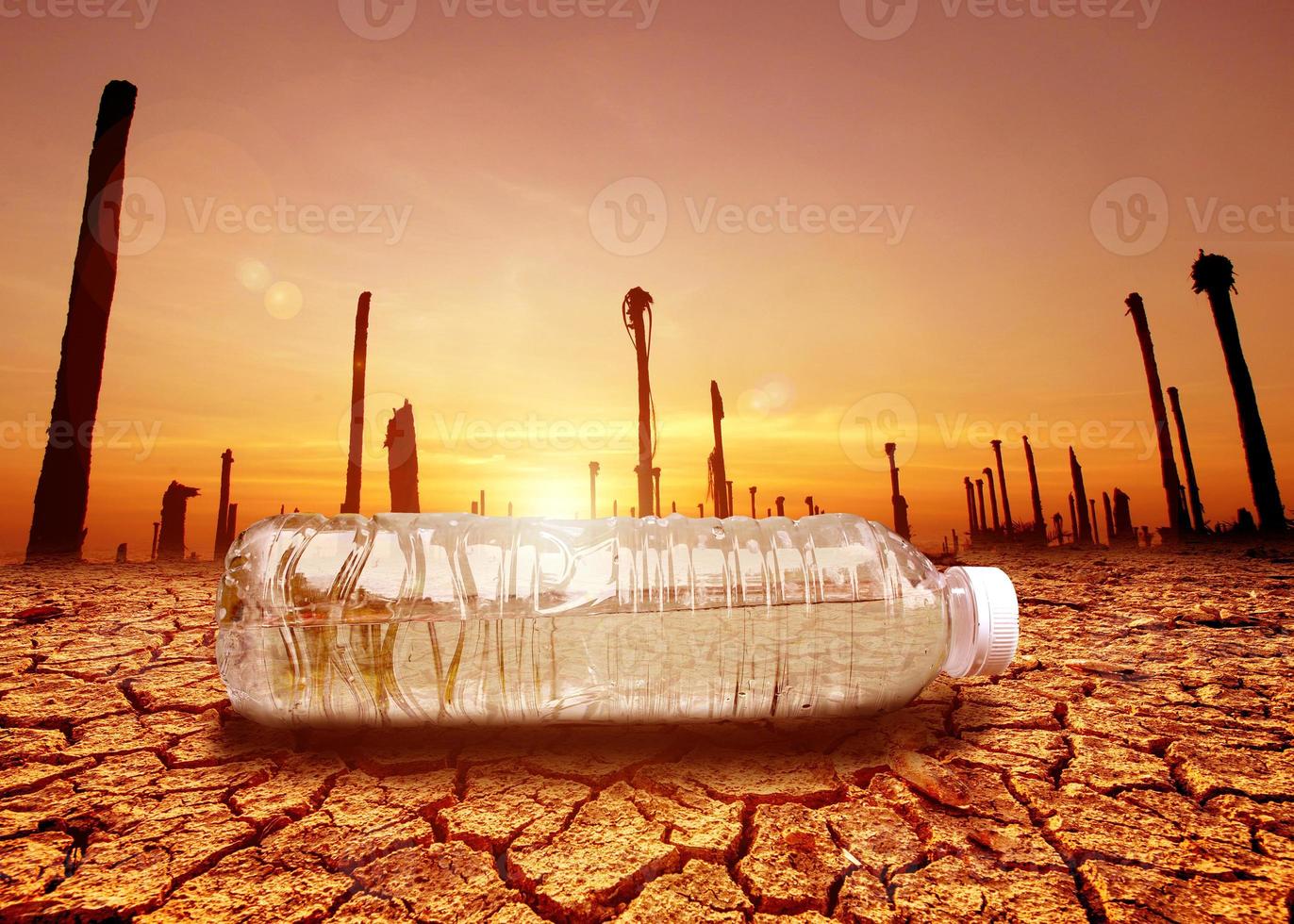 concept of water scarcity Drought due to global warming. Water bottles placed in drought and broken soil areas photo