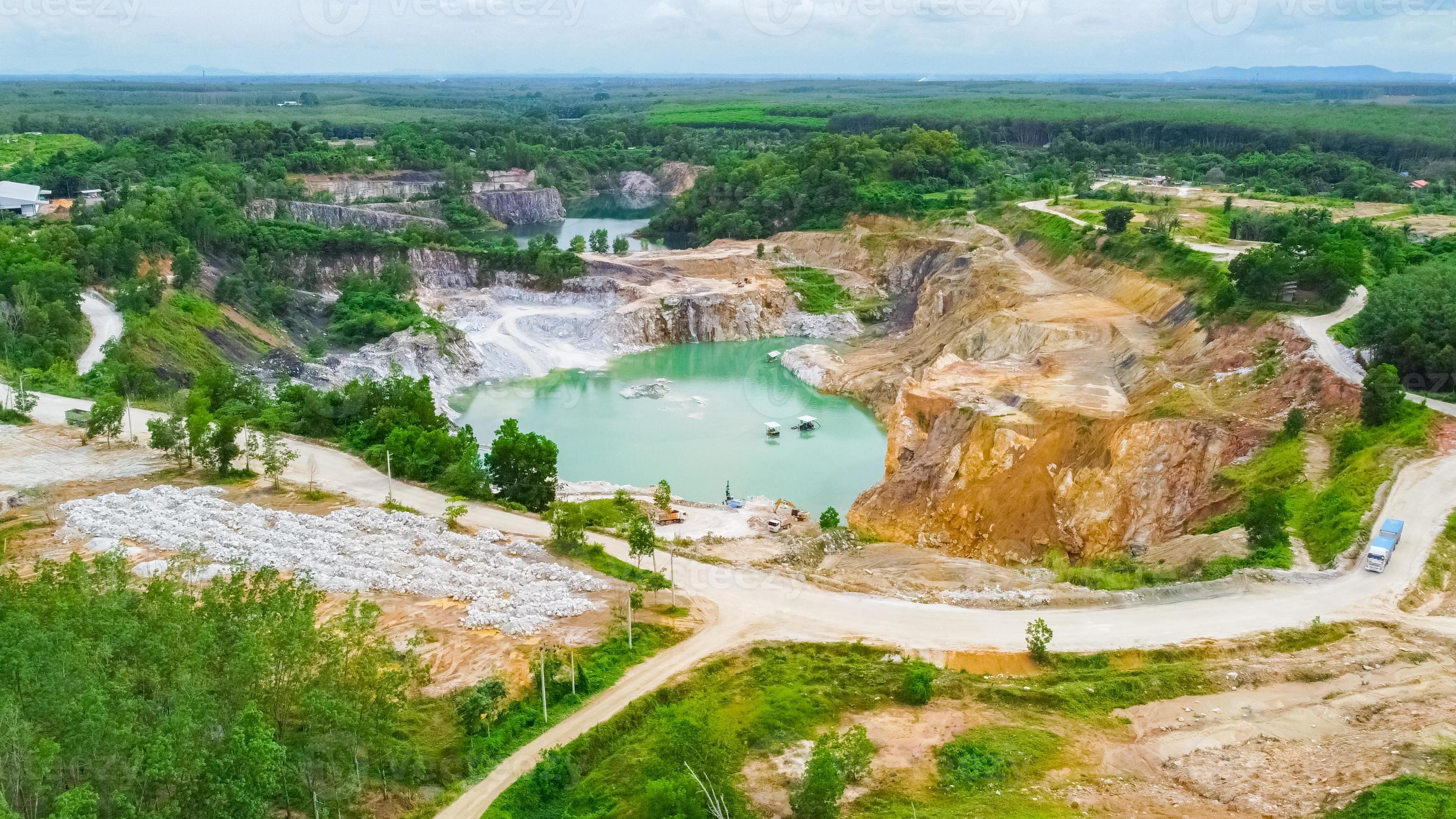 aerial photograph of a large pit of a gypsum mine. A large gypsum mine