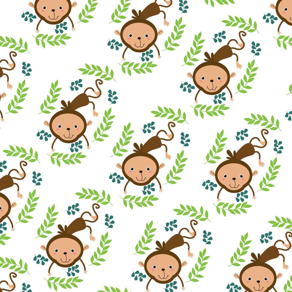 Pattern with cute monkey behavior and leaves decoration vector