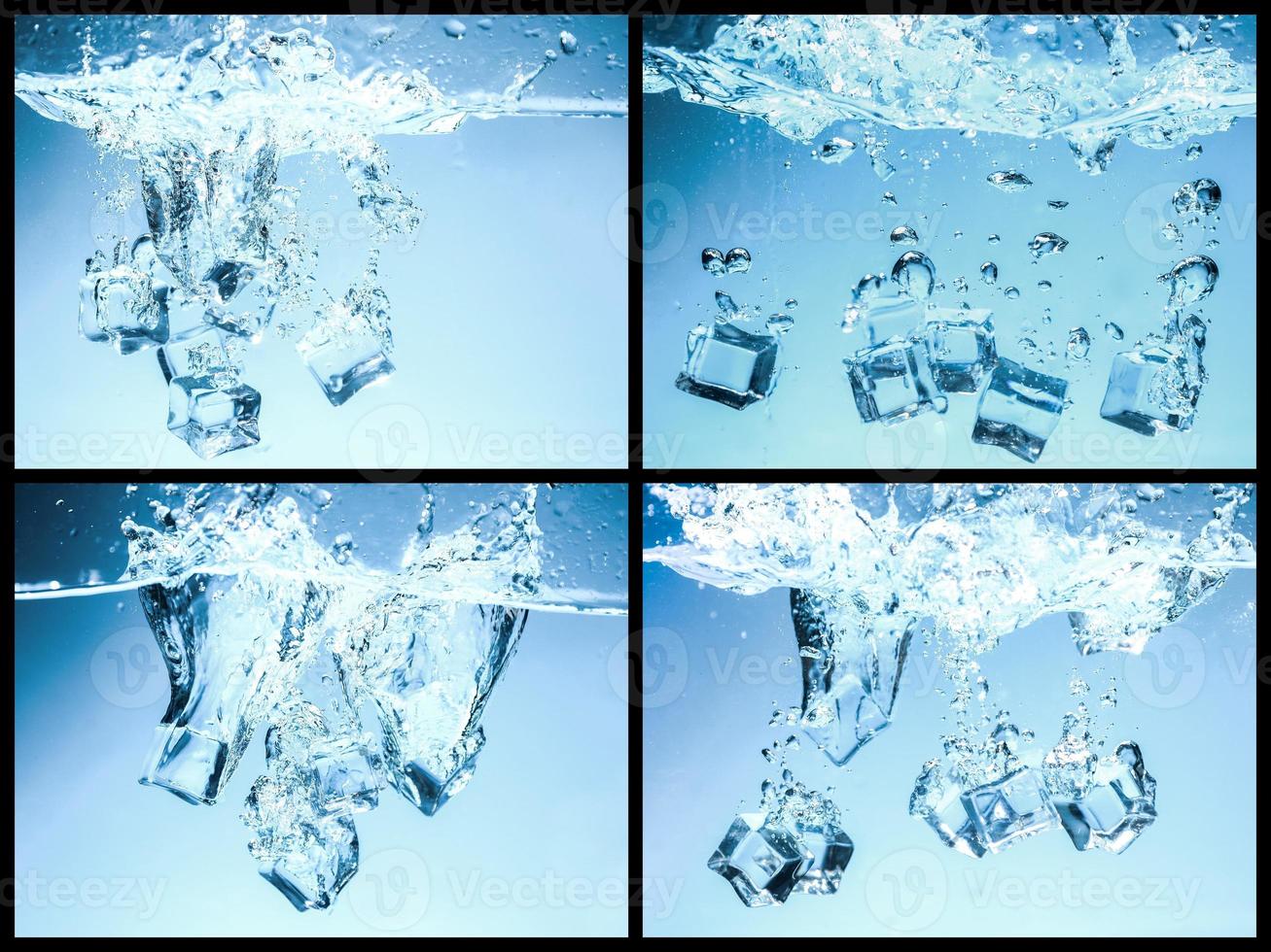 colección de cubitos de hielo caídos en agua potable, refrescante. foto