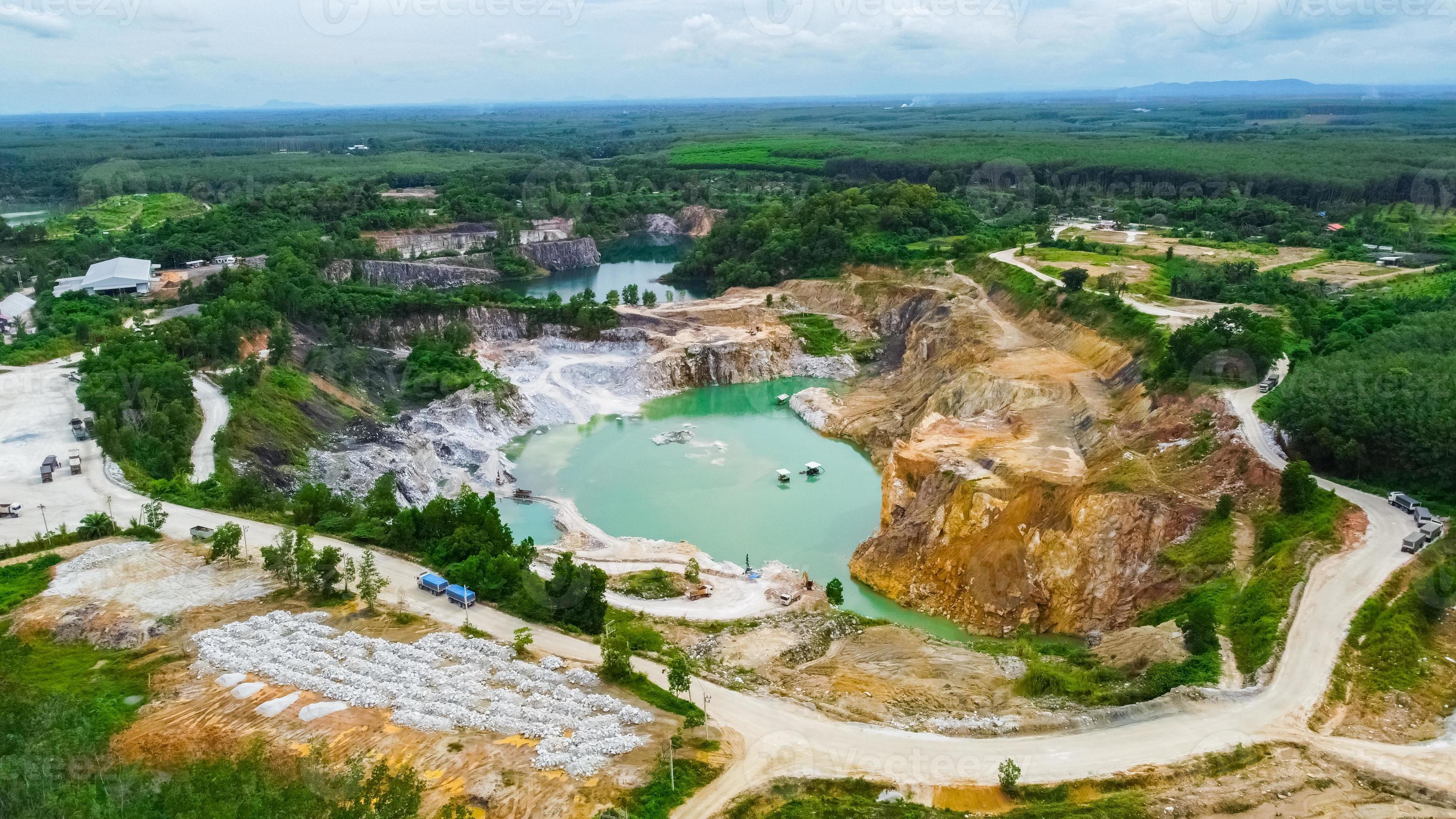 aerial photograph of a large pit of a gypsum mine. A large gypsum mine