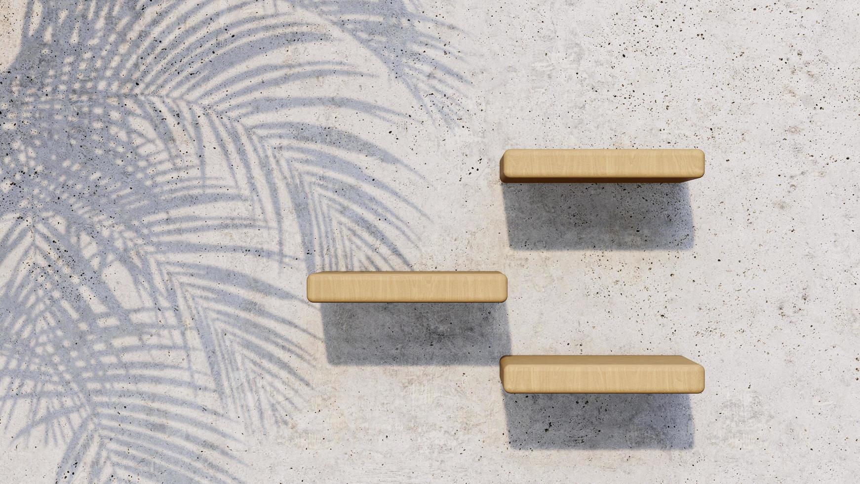 A 3d rendering image of wooden product stand on the concrete wall . photo