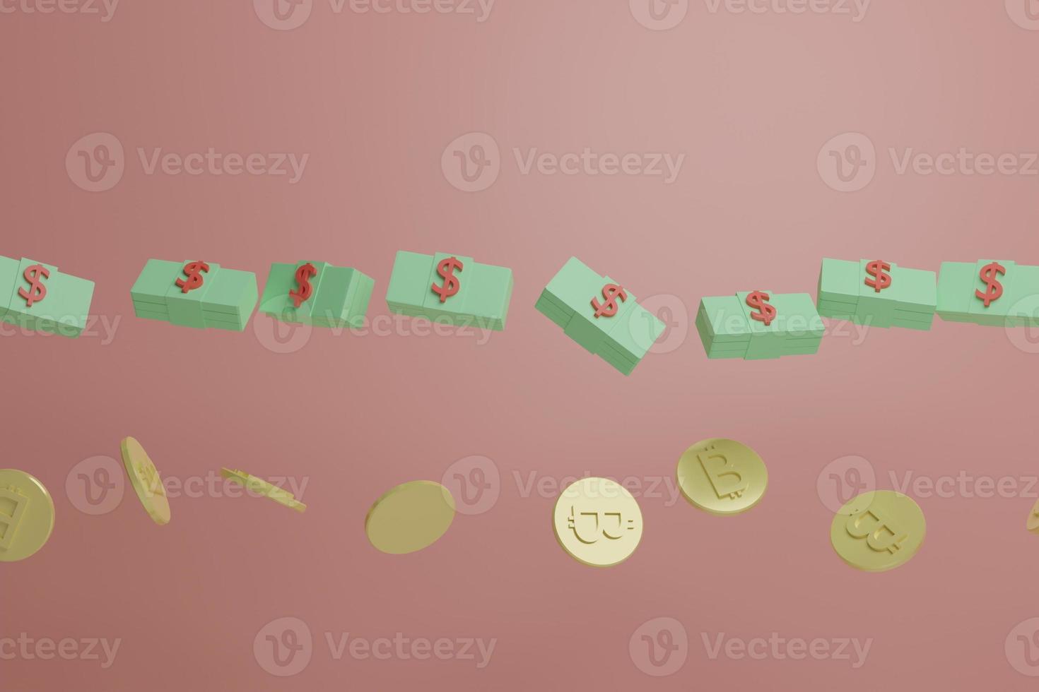 Bitcoin and dollar coins with orange background,3d render, 3d illustration, modern color, minimalist design. photo