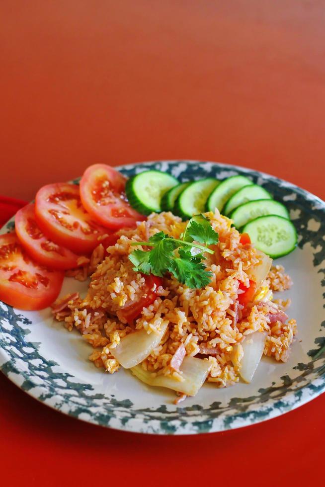 Ham fried rice with onions, Asian style fried rice, street food fried rice available in Thailand. photo