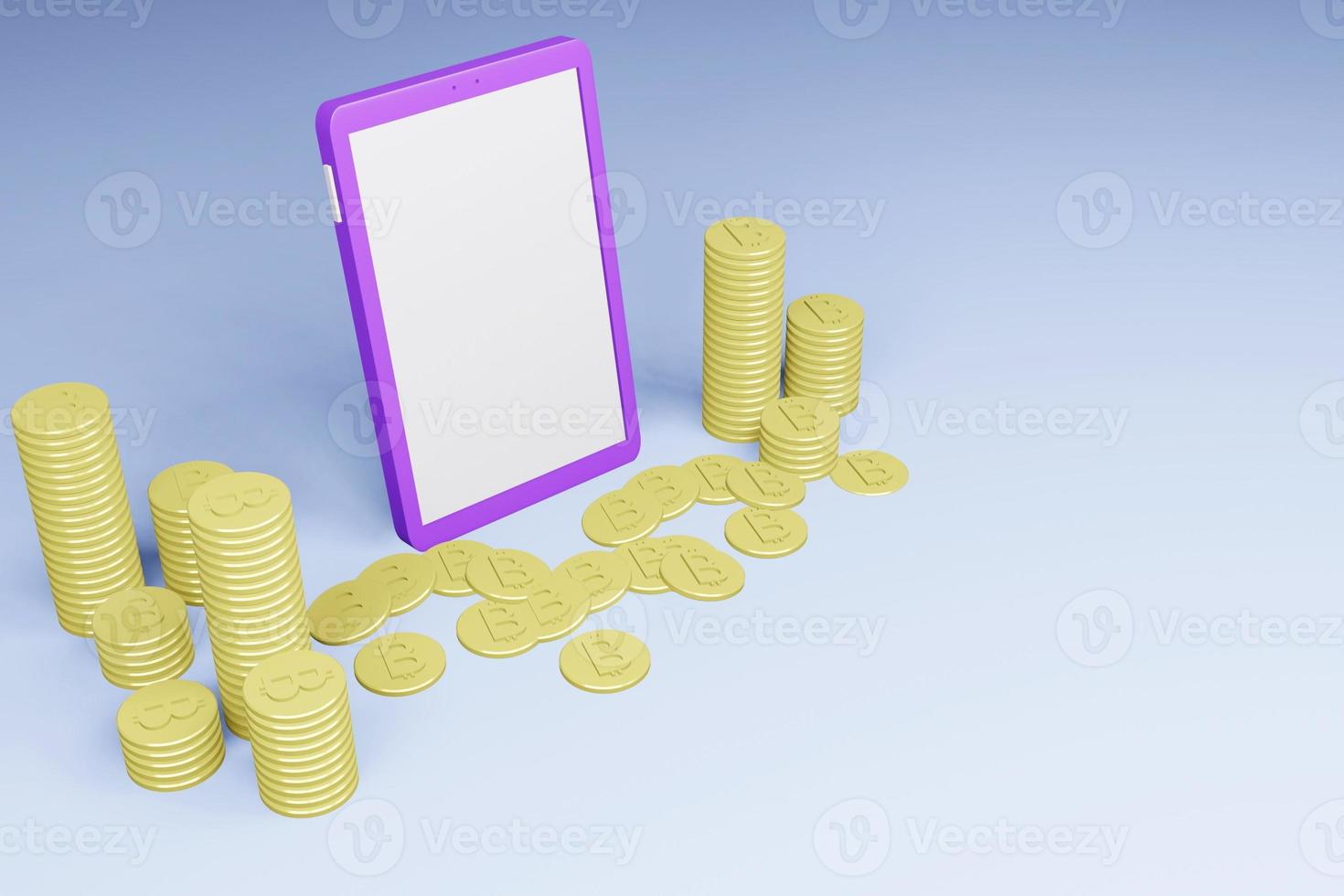 Mobile phone and bitcoins on blue table, 3D render photo
