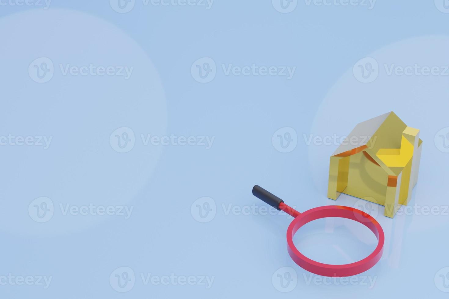 golden house model on blue background and magnifying glass, housing search, best housing selection, 3d illustration with soft light photo