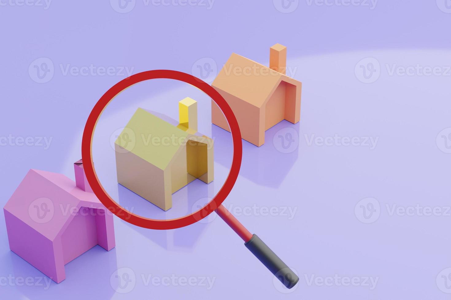 Model of 3 houses on blue background and magnifying glass, finding housing, choosing the best housing, 3d illustration with soft light. photo