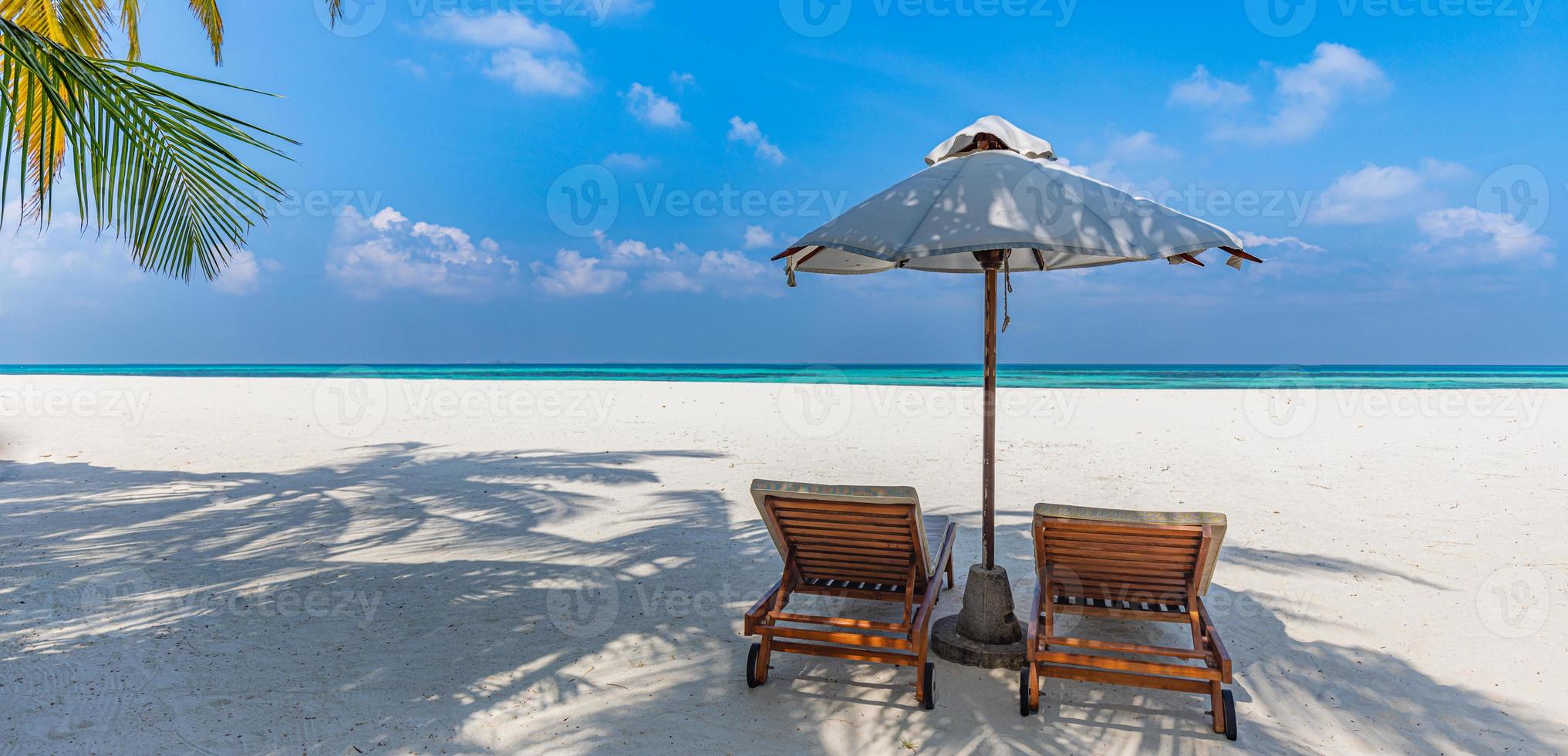 Beautiful tropical beach banner. White sand and coco palms travel tourism wide panorama background concept. Amazing beach landscape. Boost up color process. Luxury island resort vacation or holiday photo