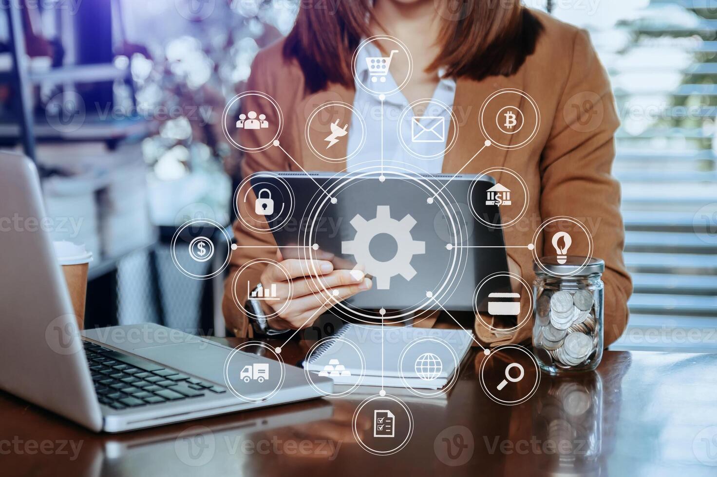 business woman hand working with laptop computer, tablet and smart phone in office with digital marketing media  in virtual icon at  office photo