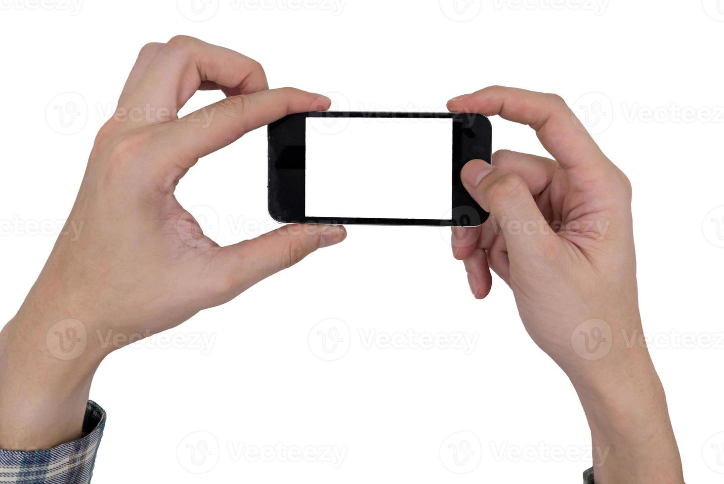 Male hands holding a mobile phone with touch blank white screen on white background. photo