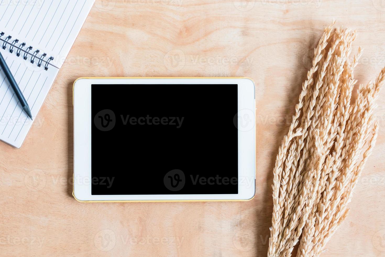 Top view of  notepad, tablet computer, wheat ears on wooden table background. photo