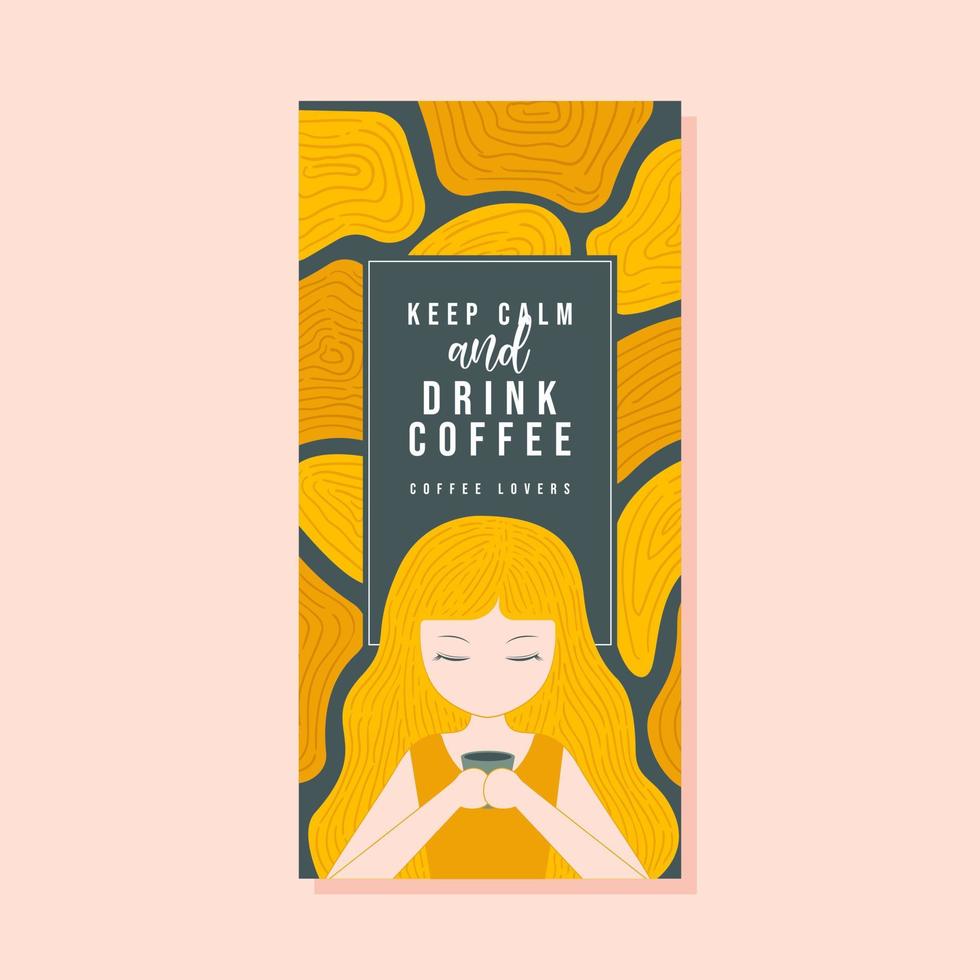 ilustración de mujer con etiqueta de etiqueta de ilustración de taza de café para bolsa de café vector