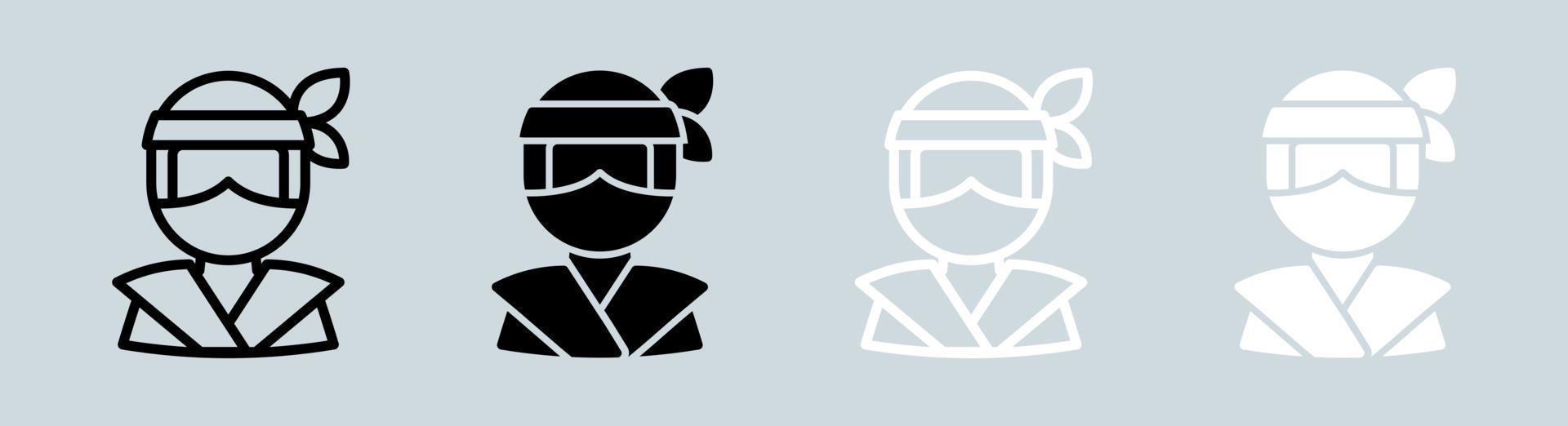 Ninja icon set in black and white colors. Japanese warrior signs vector illustration.