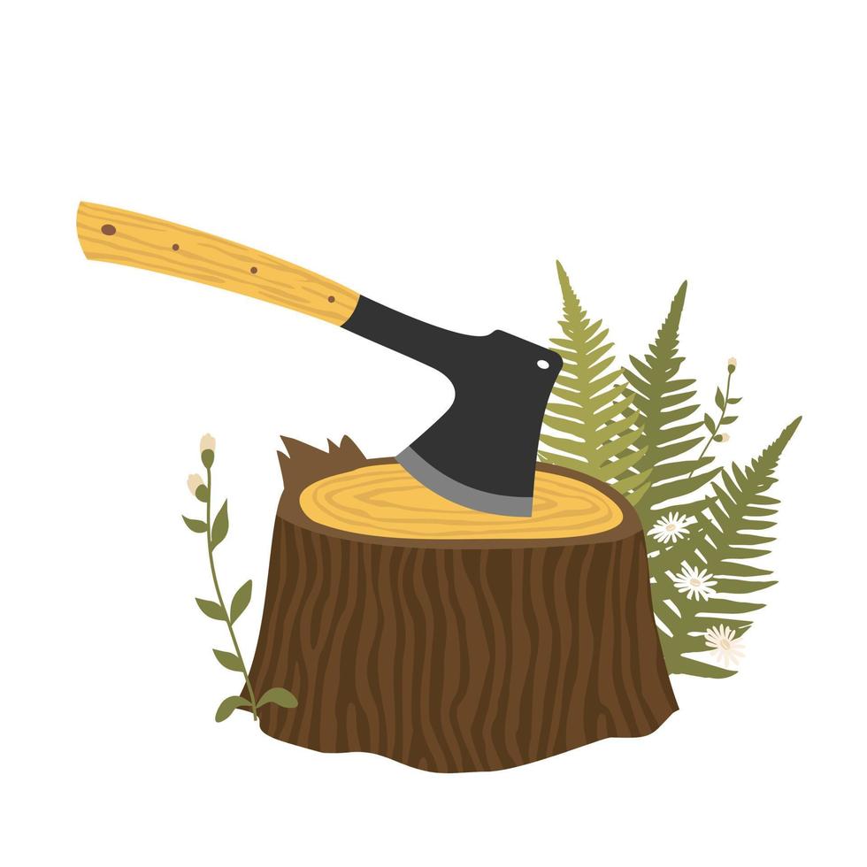 A steel axe with a wooden handle on the stump. Vector clipart.