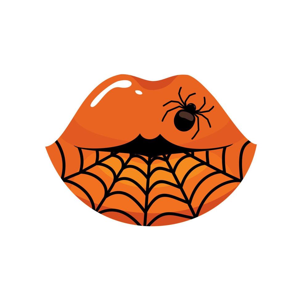 maquillaje de labios de halloween, telaraña, araña, pintalabios color calabaza. vector