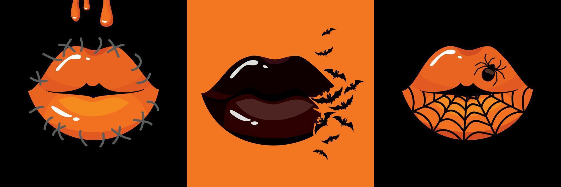 Halloween Lip Makeup Set. Spider web, bats, spider, seam, blood. vector