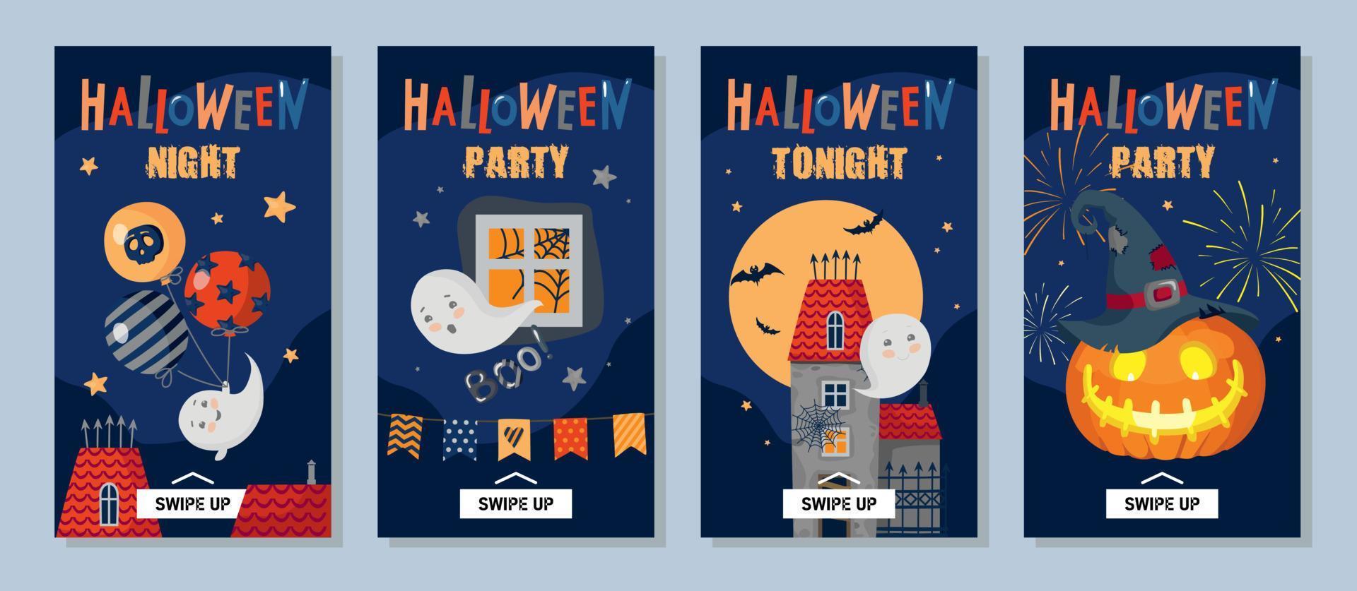 conjunto de portadas de halloween para historias, calabaza, sombrero, castillo, fantasmas, fuegos artificiales, estrellas. vector