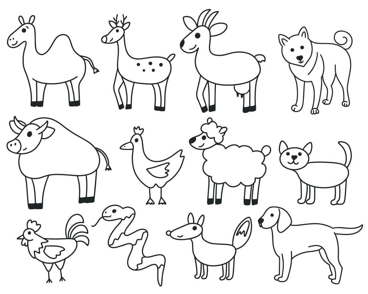 Doodle simple animals set vector