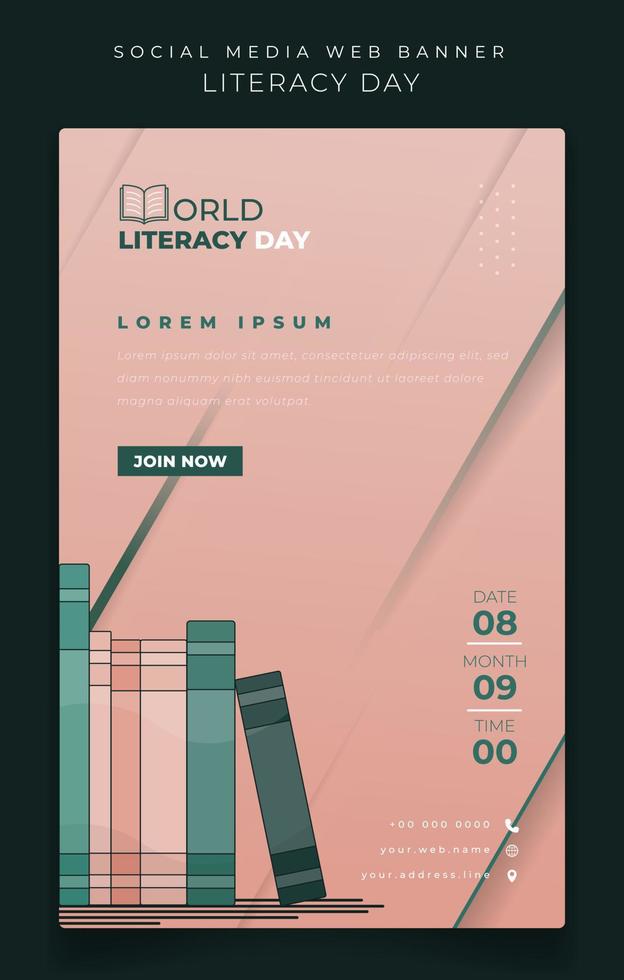 World literacy day with simple bookshelf in pink background for online campaign design vector