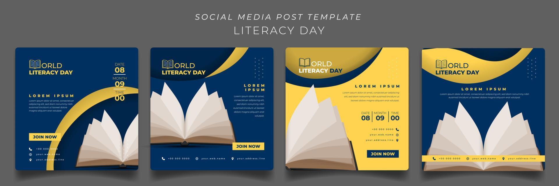 Set of social media post template in blue and yellow background for world literacy day design vector