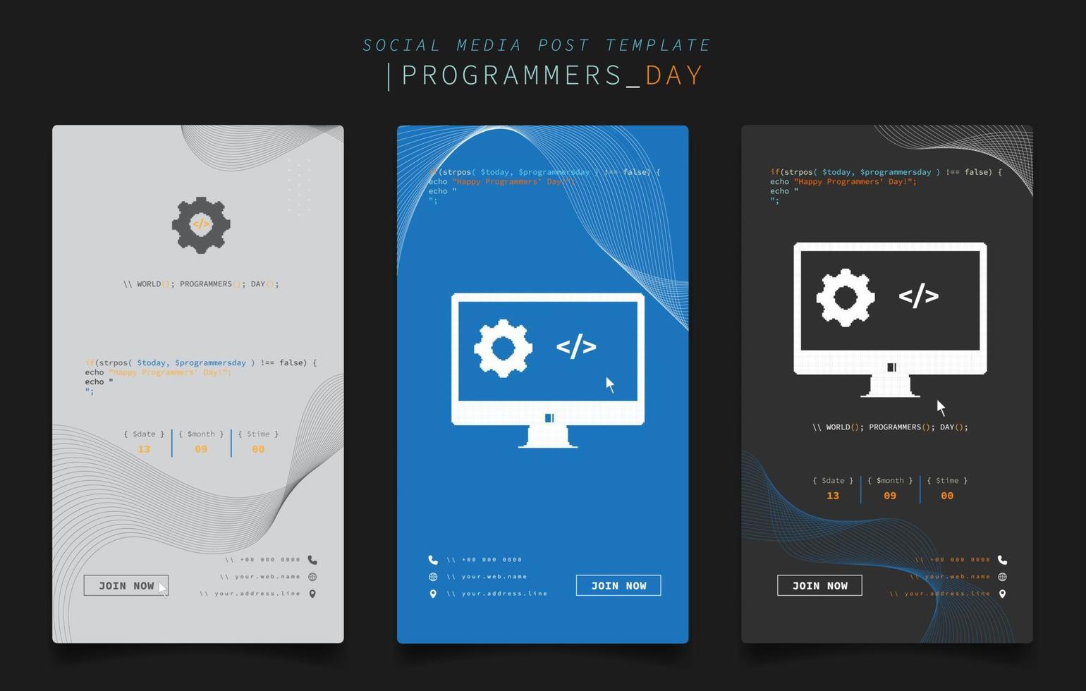 plantilla de publicación en redes sociales con icono de computadora de píxeles y texto de codificación para el diseño del día de los programadores vector