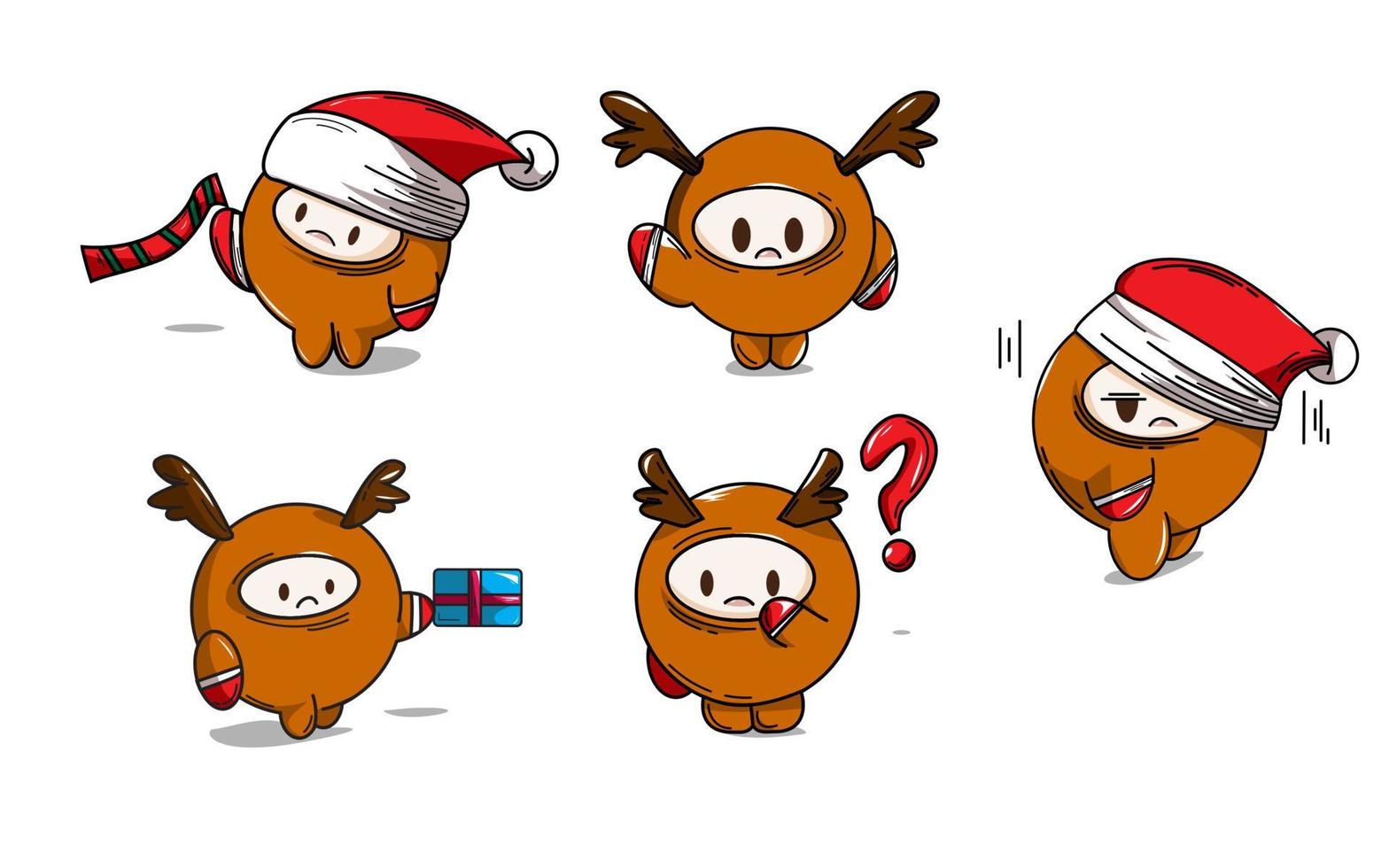 Cute deer, reindeer in winter costume with red gift. Merry Christmas and happy new year greeting card. Animal holidays cartoon character set. vector