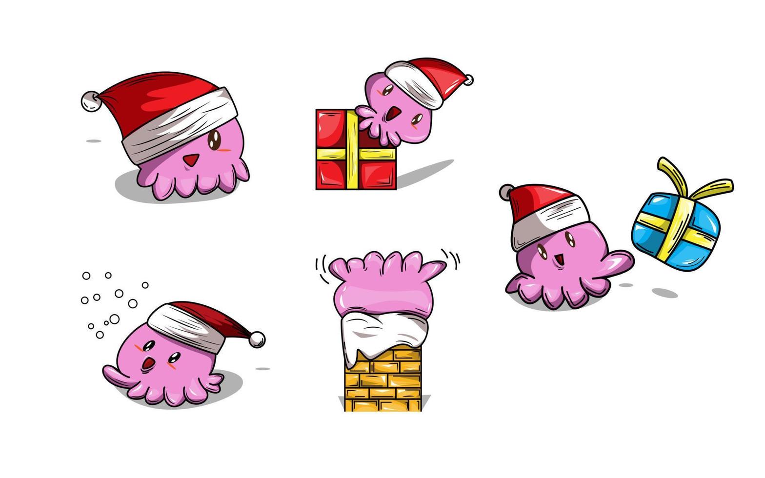 conjunto de lindo personaje de pulpo navideño chibi vector