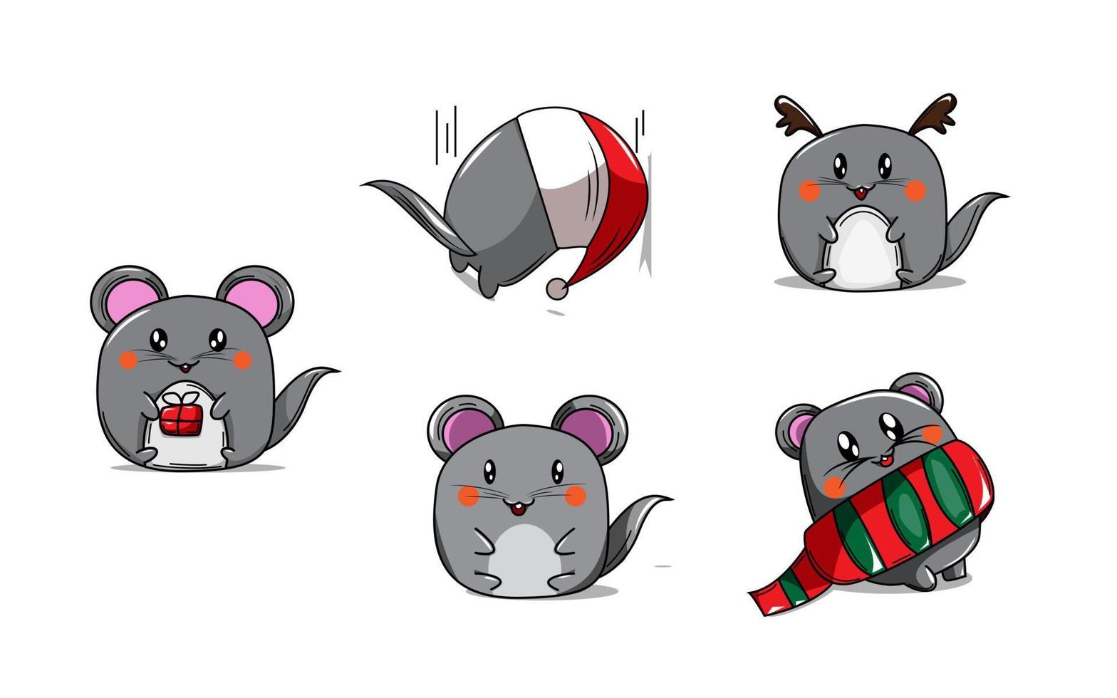 Set of cute funny mouses in different poses in cartoon style. Happy New Year greeting card with cute rat, vector