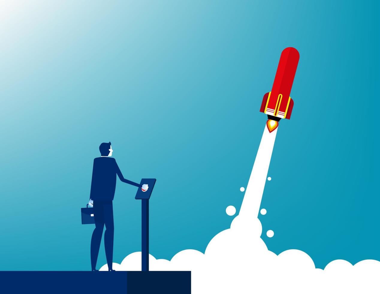 Businessman launches rocket. Concept business startup vector illustration, Successful, Achievement.