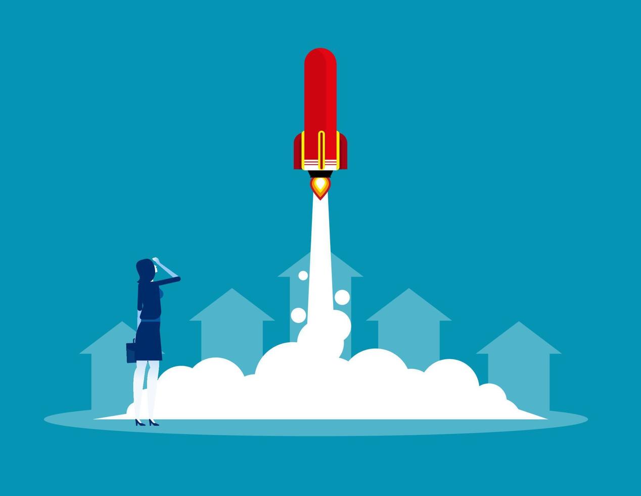empresaria lanza cohete. ilustración de vector de inicio de negocio de concepto, éxito, logro.