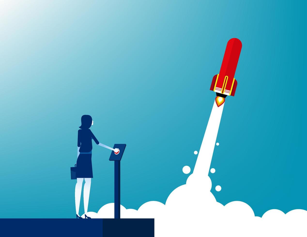 empresaria lanza cohete. ilustración de vector de inicio de negocio de concepto, éxito, logro.