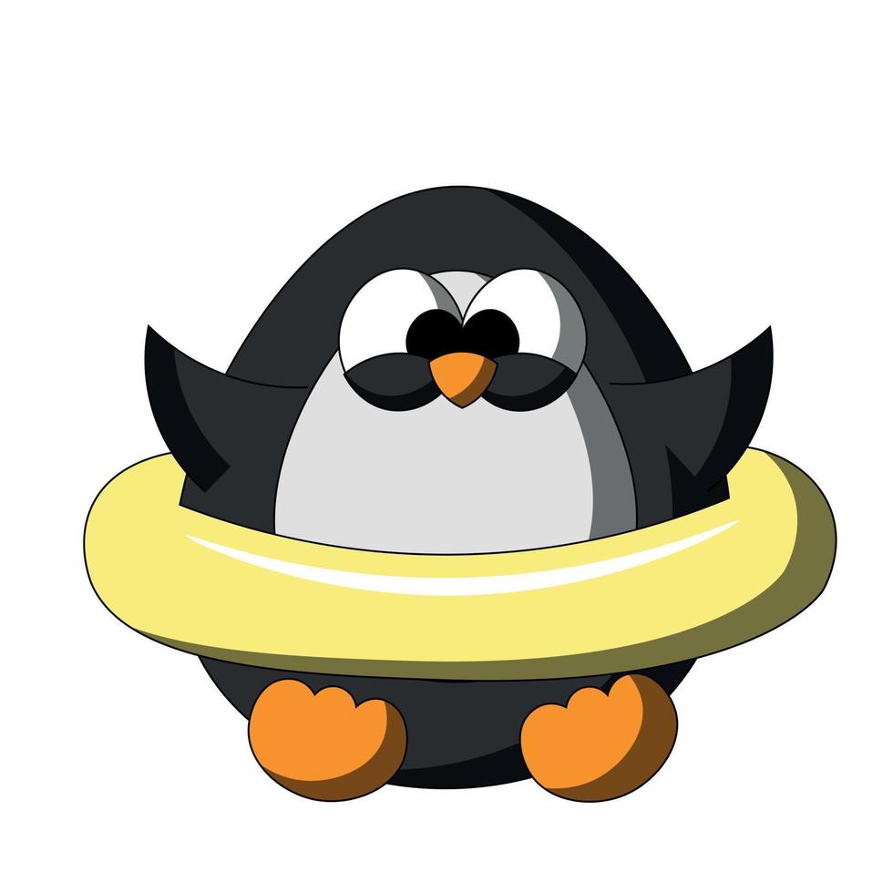 Penguin with inflatable rubber ring. Draw illustration in color vector
