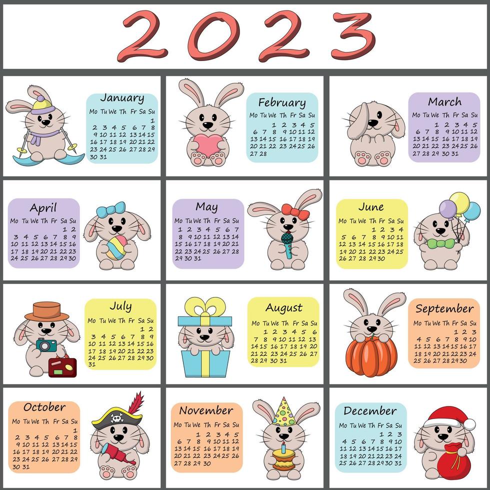 Calendar for 2023 with cute cartoon characters rabbits, vector