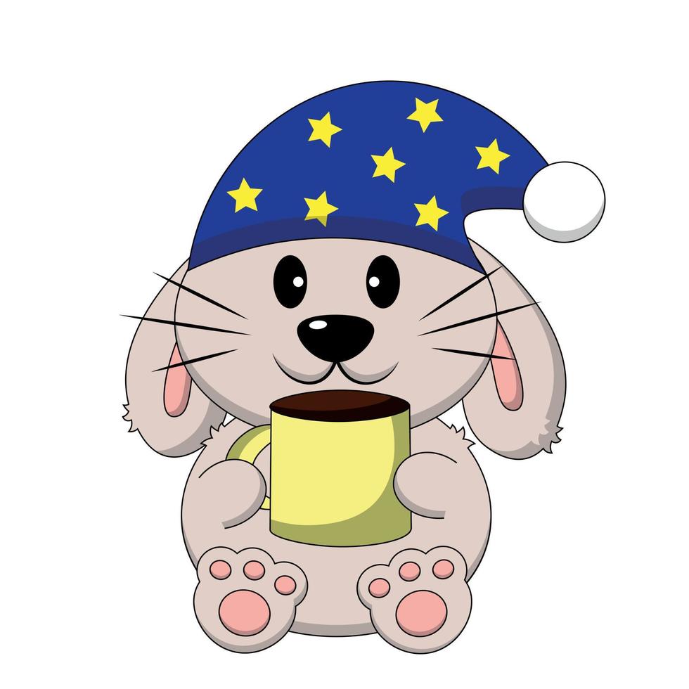 Cute sleep Rabbit with cup. Draw illustration in color vector