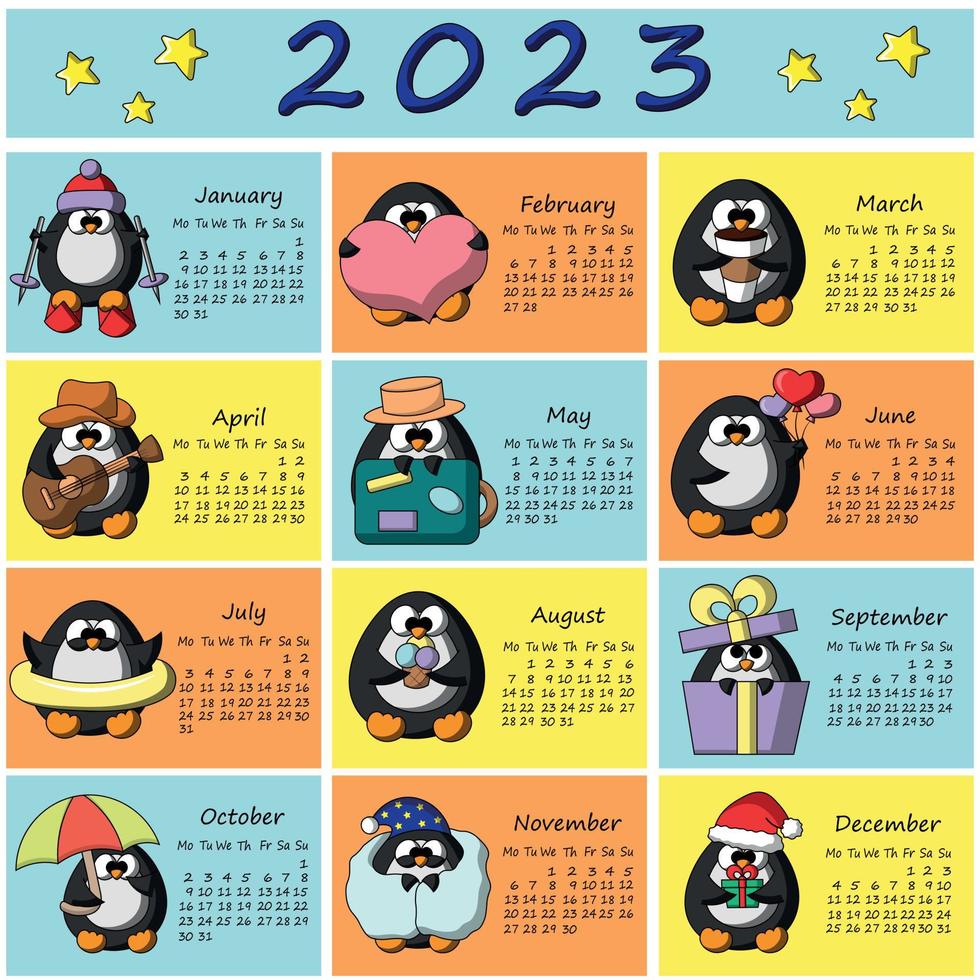 Calendar for 2023 with cute cartoon characters penguins vector