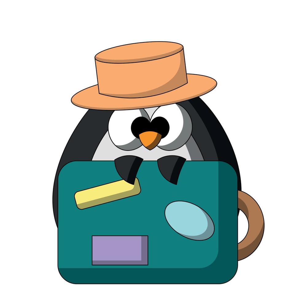 Cute cartoon Penguin Tourist with suitcase. Draw illustration in color vector