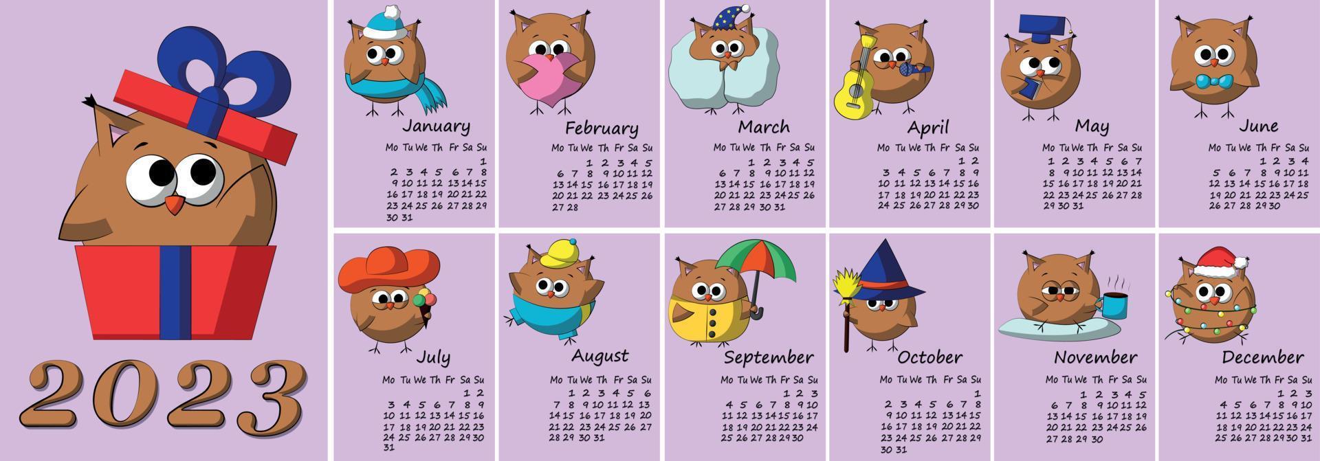 Calendar for 2023 with cute lovery characters Owl vector