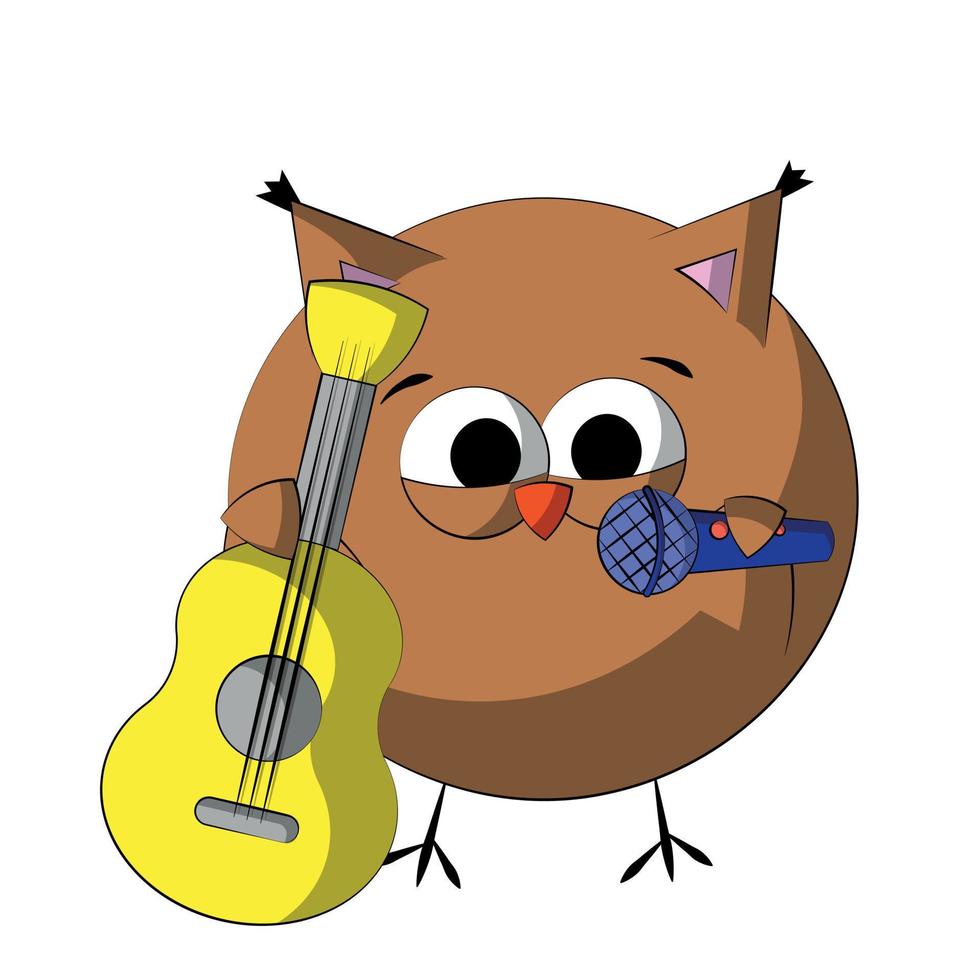 lindo búho musical con guitarra y micrófono. dibujar una ilustración en color vector